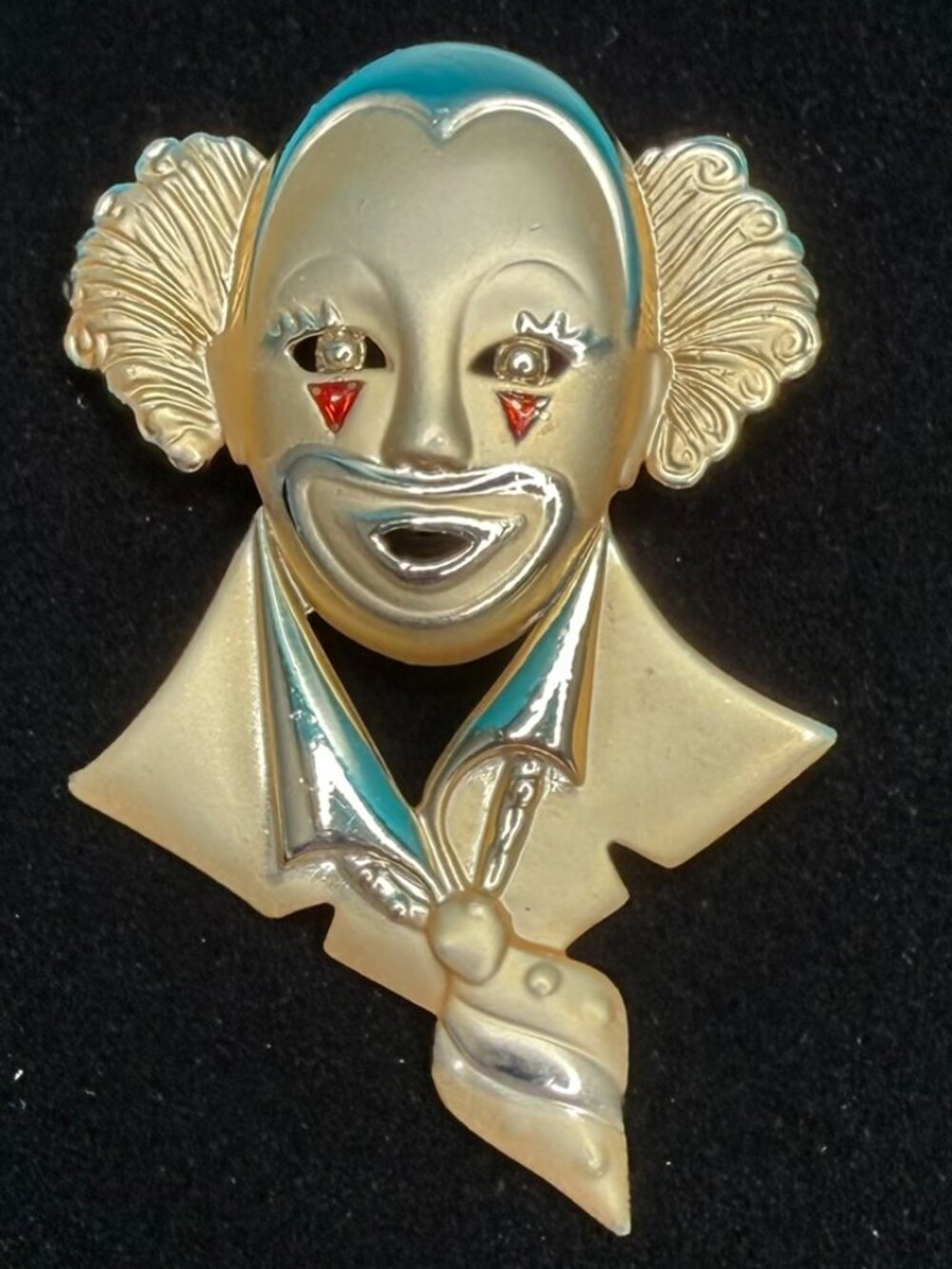 Vintage Large Gold & Silver Tone Smiling Mime Clown Face Brooch Pin 2.75"